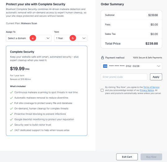 Bluehost Malware Protection - Select a Domain and Billing Term